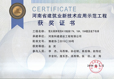 “恒大绿洲项目A10地块17#、18#、19#楼及地下车库完美中国官网”荣获“河南省建筑业新技术应用示范完美中国官网”金奖